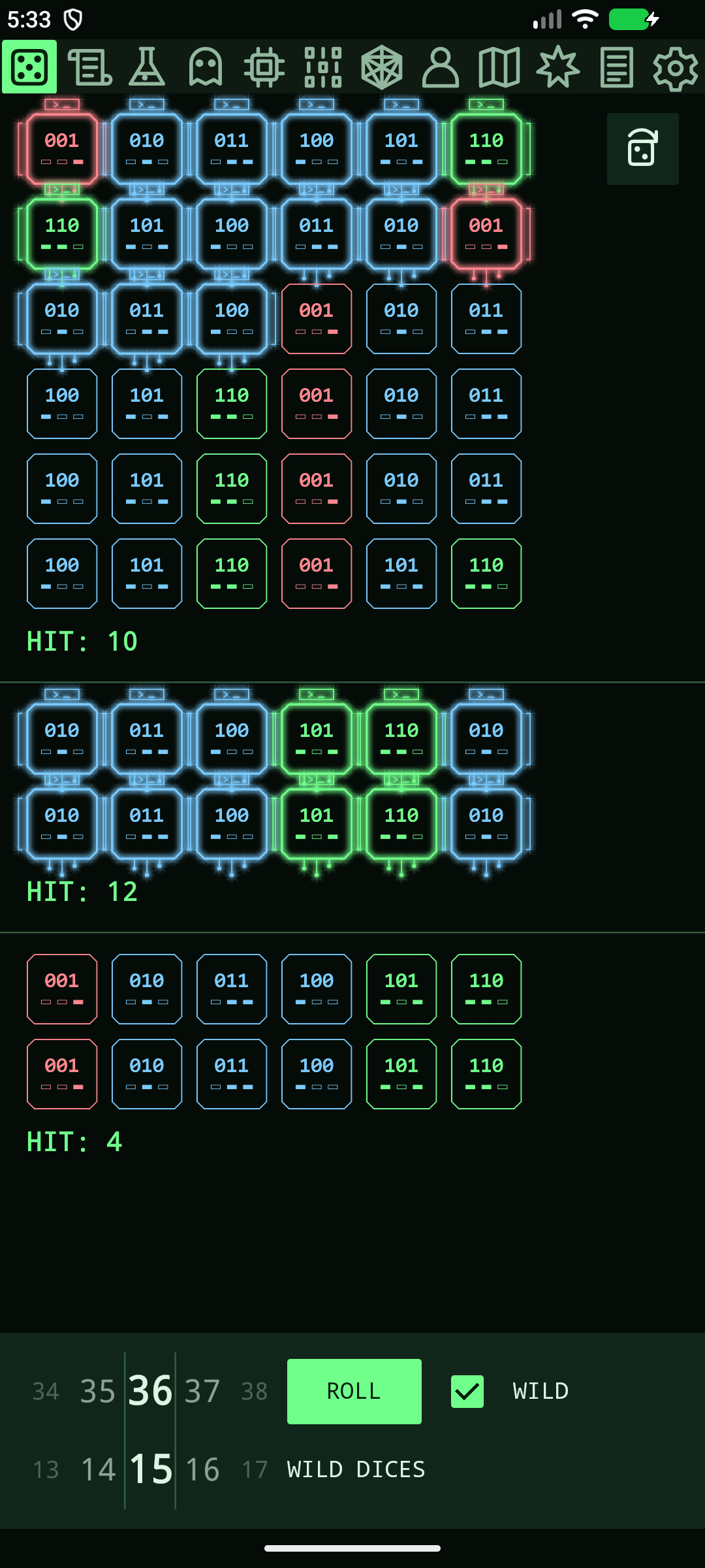 Chummer Kit in the Matrix theme showing dice pools, binary dice faces, hit counts and Wild Dice controls.