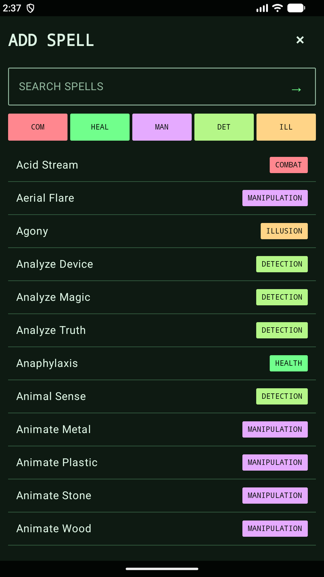 Chummer Kit spell catalog with spell search and category filters.